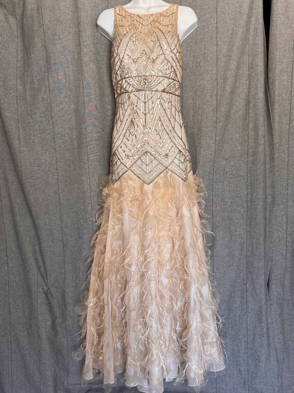 Sue Wong Art Deco Beaded Feather Flapper Wedding Gown Formal Dress Sz 6 **READ**
